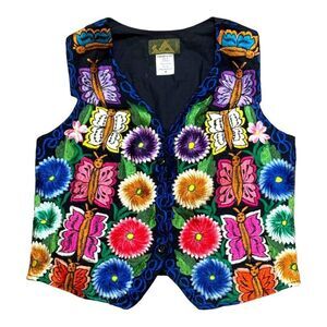 Handmade Dos Mundos Guatemalan Vest Colorful Floral Butterfly Embroidery M